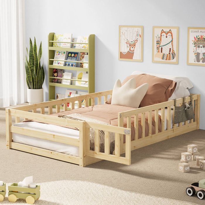 Oikiture Single Kids Bed Frame with Gate Fence Wood Natural