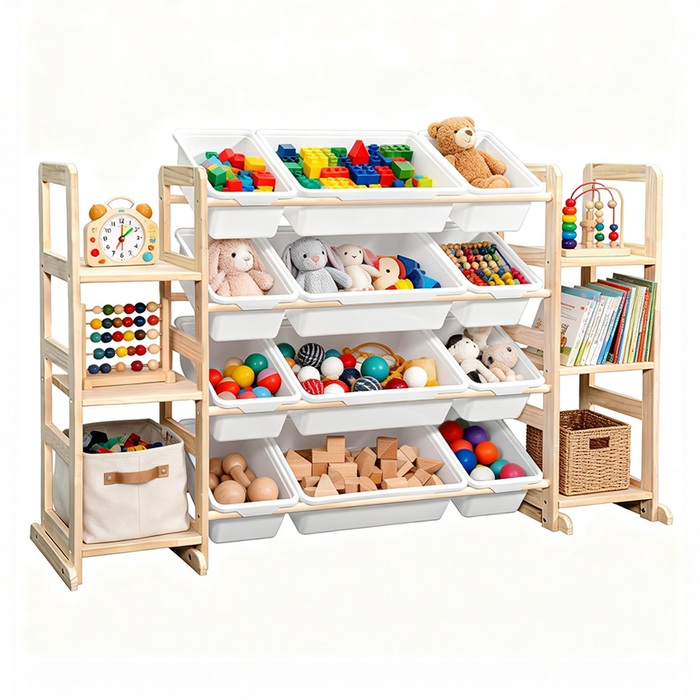Alston Kids Toy Storage Organizer Multipurpose Pine Wood Bin Shelf with 6-Tier Bookshelf