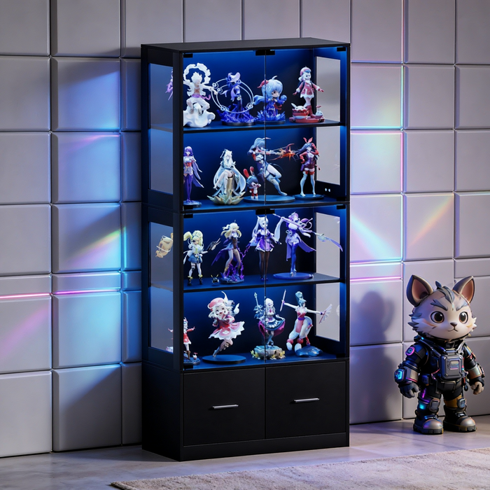Ufurniture 170cm Glass Display Cabinet With Sensor Led Lights & Glass Doors 4-tier Storage Shelves Bookcase With Drawers Black