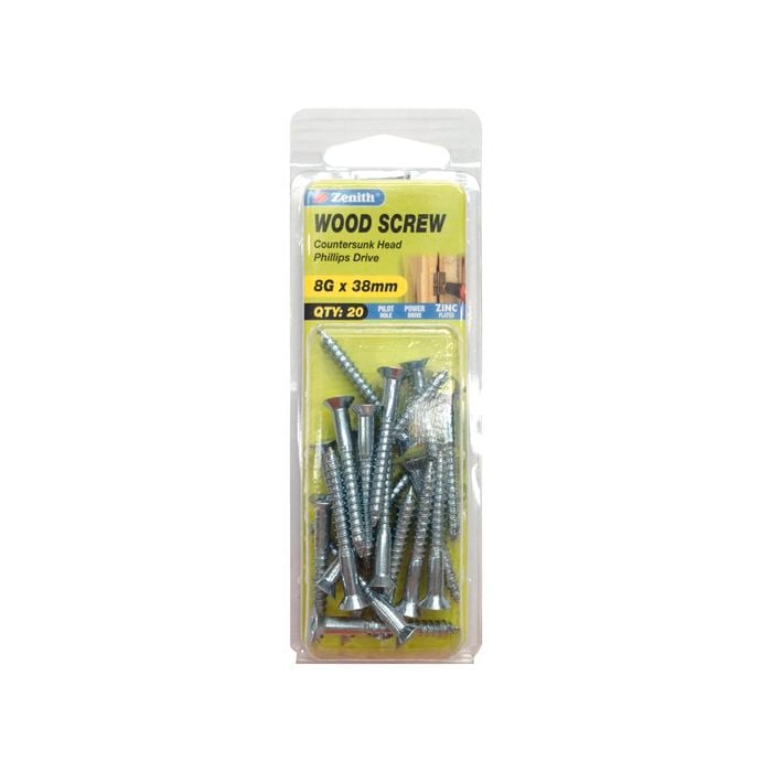 Zenith 8G x 38mm Zinc Plated Wood Screw - 20 Pack
