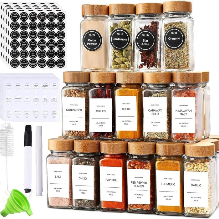 24pcs Glass Spice Jars Bamboo Lids Square Storage Preprinted Labels