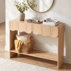 HOMFURN 2-Drawer Console Table, Scalloped Entryway Table with Rounded Corners, 100x31x80cm, Wood Finish