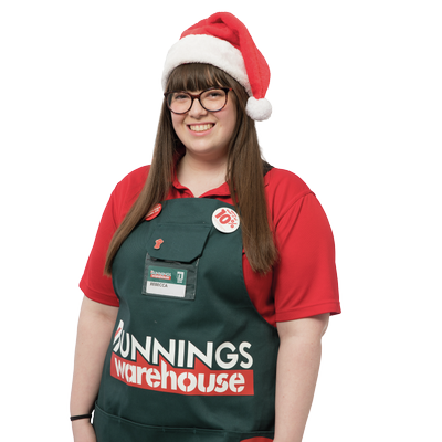 Female Bunnings team member wearing Santa hat