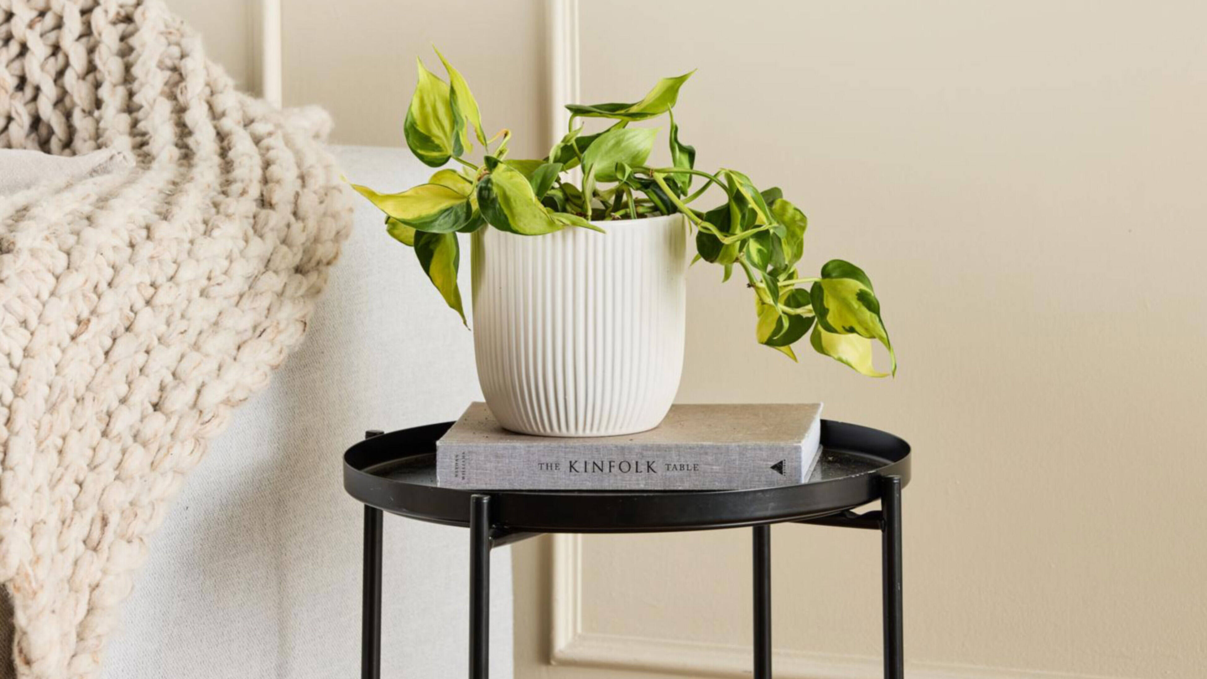 A Northcote Pottery plant pot filled with greenery sits on a book on a black round side table next to a neutral sofa with a throw rug on the arm