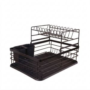 P&p Black Double Layer Dish Drying Rack Kitchen Drainer With Utensil Holder Tray Set