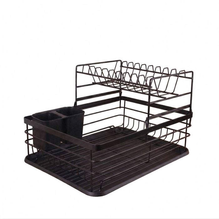 P&p Black Double Layer Dish Drying Rack Kitchen Drainer With Utensil Holder Tray Set