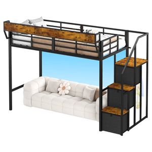 Advwin LED Loft Bed with Storage Stairs, Metal Bed with Charging Station & Bedside Shelf Single Black+Brown