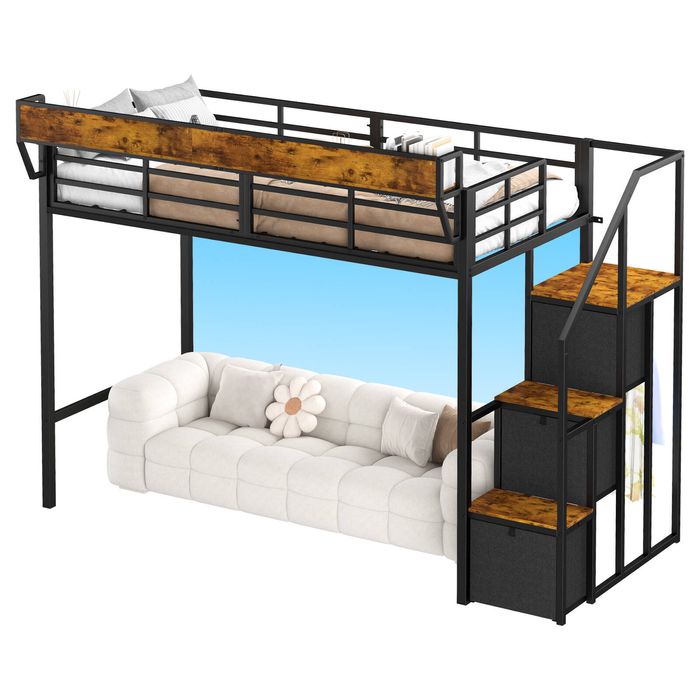 Advwin LED Loft Bed with Storage Stairs, Metal Bed with Charging Station & Bedside Shelf Single Black+Brown
