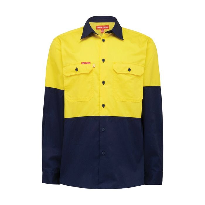 Hard Yakka Men's Yellow/Navy Hi Vis Long Sleeve Shirt - Size S