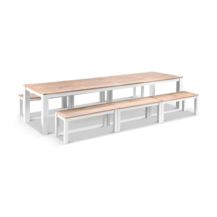 Balmoral 3.55m Outdoor Teak Top Aluminium Table With Bench Seats White