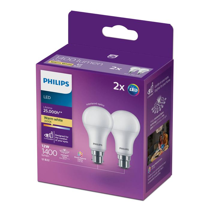 Philips A60 B22 LED 1400Lm Warm White 12W Globe - 2 Pack