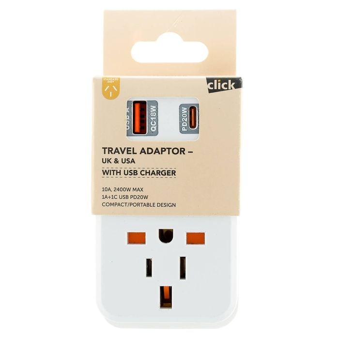 Click Travel Adapter UK & USA to AU with USB Charger