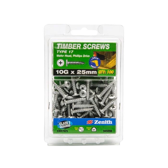 Zenith 10g x 25mm Galvanised Wafer Head Type 17 Timber Screws - 100 Pack