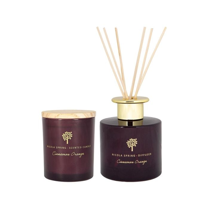 Scented Candle & Reed Diffuser Set - 130g - Cinnamon & Orange - Warm Spiced Festive Scent Long Burn