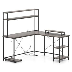 Costway L-shaped Gaming Desk W/power Outlets Reversible Led Computer Table Grey