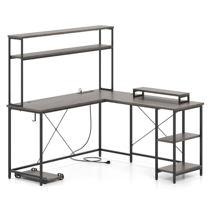 Costway L-shaped Gaming Desk W/power Outlets Reversible Led Computer Table Grey