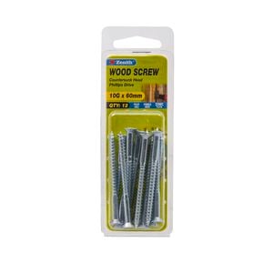 Zenith 10G x 60mm Zinc Plated Wood Screw - 12 Pack