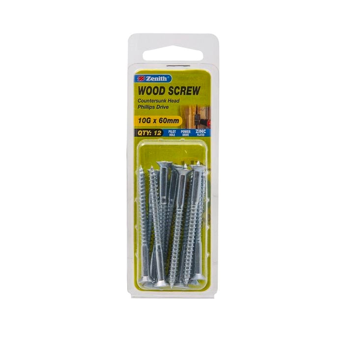Zenith 10G x 60mm Zinc Plated Wood Screw - 12 Pack