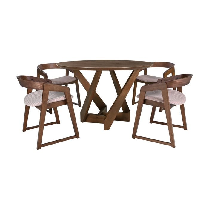 Mattia 5pc 120cm Round Dining Table Set Mauve Pink Fabric Seat Chair Walnut