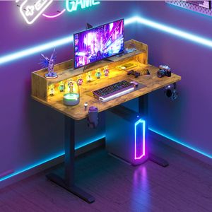 Ufurniture LED Light Electric Standing Desk with Power Outlets Sit Stand up Computer Workstation with Monitor Shelf Rustic Brown
