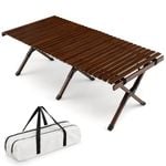 Costway Portable Egg Roll Camping Table Bamboo wih Carry Bag Brown