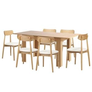 Oikiture 160cm Extendable Dining Table with 6x Dining Chairs PU Leather Natural
