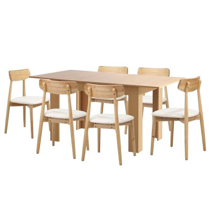 Oikiture 160cm Extendable Dining Table with 6x Dining Chairs PU Leather Natural