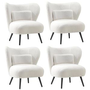 Oikiture 4x Armchair Lounge Chair with Lumbar Pillow Wingback Boucle White