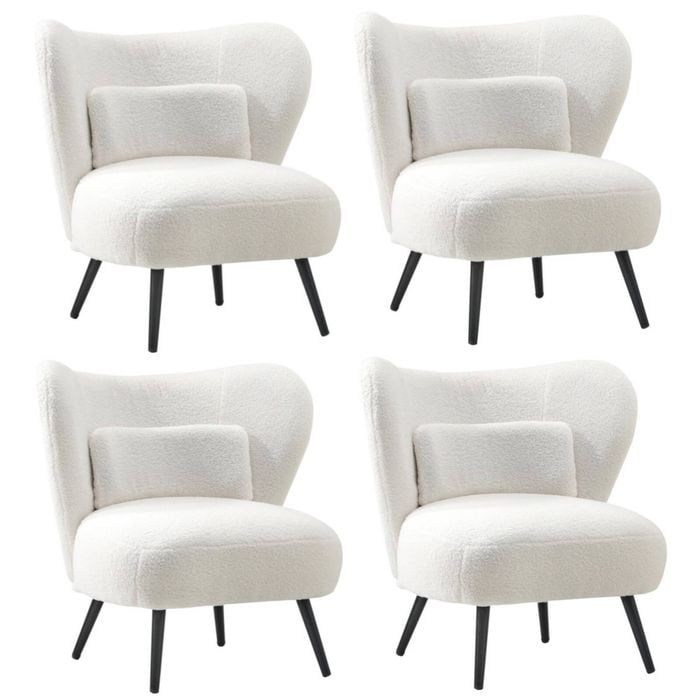 Oikiture 4x Armchair Lounge Chair with Lumbar Pillow Wingback Boucle White