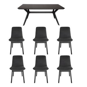 7-Piece Dining Set | Doreen Wood Dining Table 180cm & Cozy Upholstered Dining Chair | Black - Dark Grey Fabric