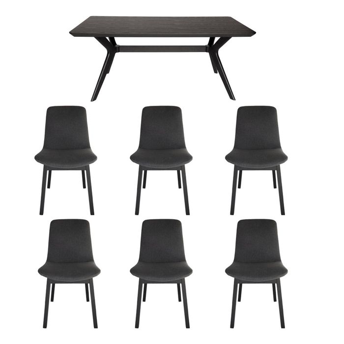 7-Piece Dining Set | Doreen Wood Dining Table 180cm & Cozy Upholstered Dining Chair | Black - Dark Grey Fabric