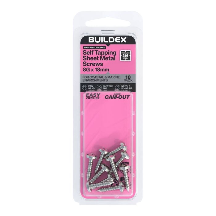 Buildex 8G x 18mm SS316 Self Tapping Sheet Metal Screws - 10 Pack