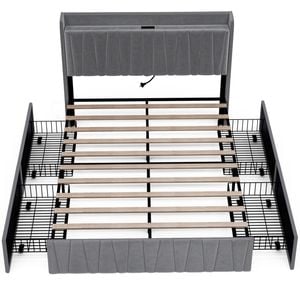 Ufurniture Upholstered Bed Frame with Tufted Headboard & Charging Station 4 Storage Drawers Queen Size Dark Grey