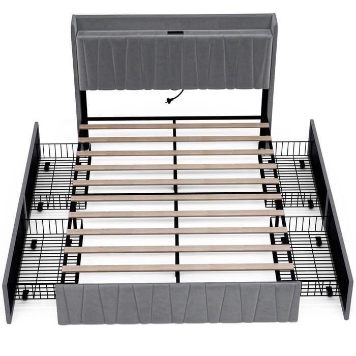Ufurniture Upholstered Bed Frame with Tufted Headboard & Charging Station 4 Storage Drawers Queen Size Dark Grey