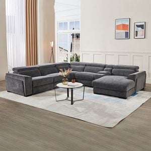 Grey Corner Sofa Chaise Electric Recliner with Manual Headrest Cup-holder Charging Point Lighting
