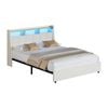 Oikiture Metal Bed Frame Queen Size Headboard LED Lights USB Charge Linen Beige