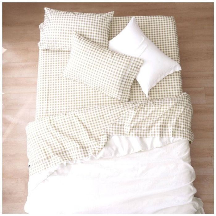 Renee Taylor 250TC Bran Gingham Patterned Cotton Sheet Set Beige Long Single