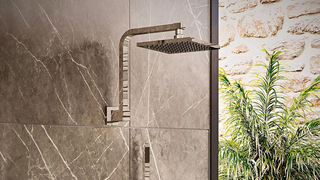 Modern bathroom with grey tiles and silver shower, with palm tree in background