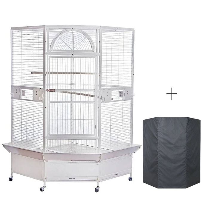 YES4PETS 185cm XXL White Corner Bird Cage Pet Parrot Aviary  Perch Castor Wheel With Cover