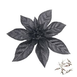 Catzon 12 Pcs Glitter Christmas Flowers with Clips Artificial Poinsettia-Black