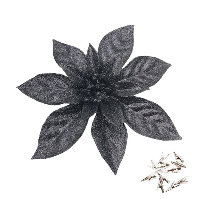 Catzon 12 Pcs Glitter Christmas Flowers with Clips Artificial Poinsettia-Black