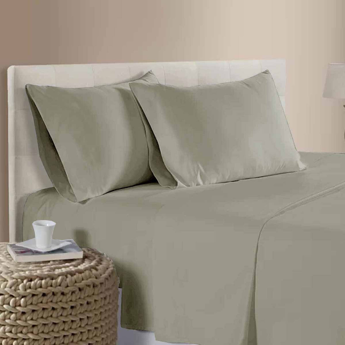 400TC 100% Cotton Sateen Premium Sheet Set 40cm Wall Tan Double ...
