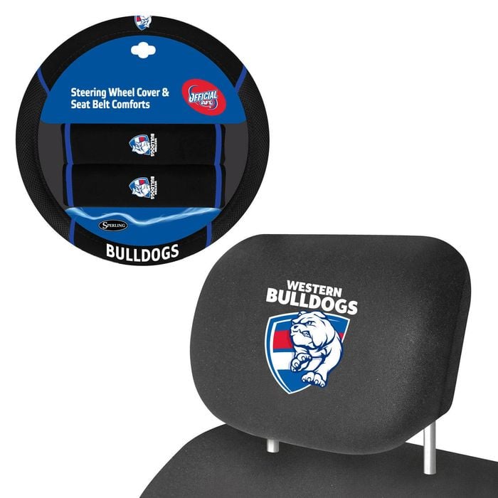 Western Bulldogs Official Afl Steering Wheel Cover And Headrest Cover Combo