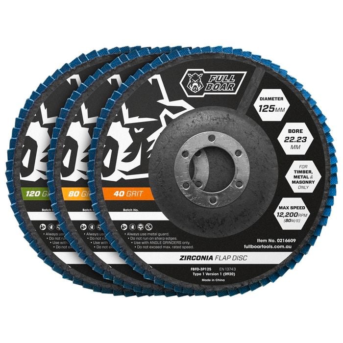 Full Boar 125mm 40 80 120 Grit Zirconia Flap Disc - 3 Pack