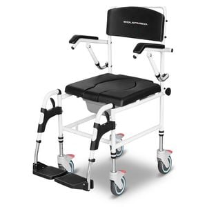 Equipmed Commode Shower Chair, Over Toilet or Bedside 136kg Capacity Aluminium frame with Wheels, Black