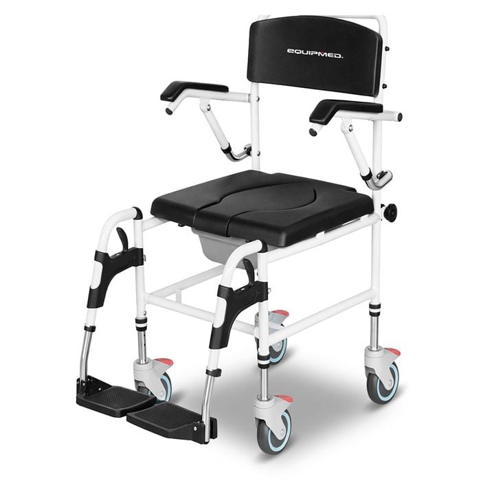 Equipmed Commode Shower Chair, Over Toilet or Bedside 136kg Capacity Aluminium frame with Wheels, Black
