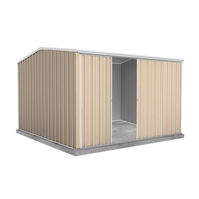 Absco Sheds 3.0 x 3.0 x 2.06m Classic Cream Ezislider Double Sliding Door Garden Shed