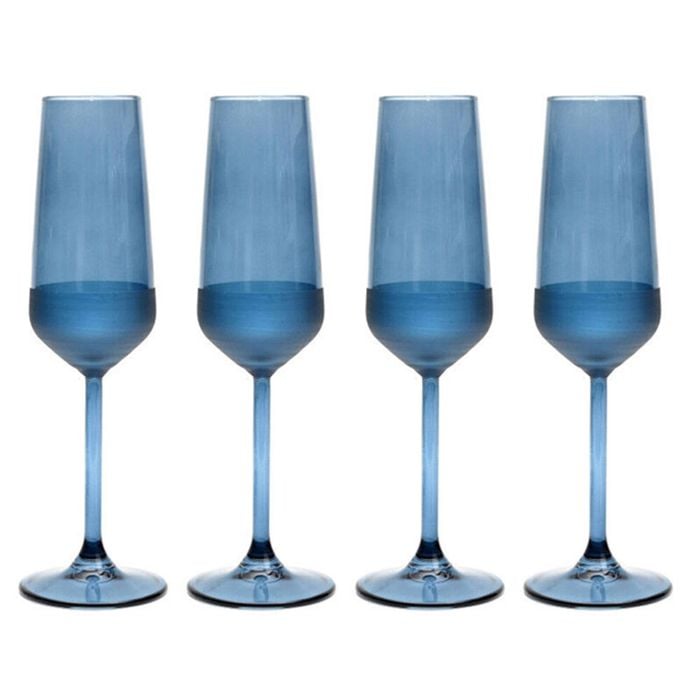 4pc Artcraft Matte Champagne Durable Glass Flute Decorated Drinkware 195ml Blue