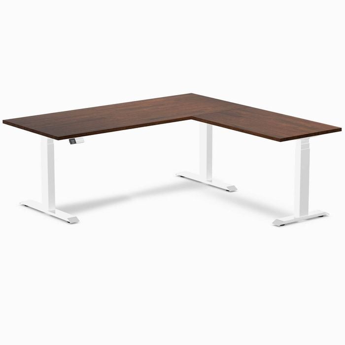 Desky L-shape Sit To Stand Red Walnut Rubberwood Desk 1800x750x1750x600mm White Leg