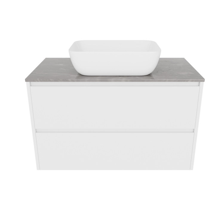 Forme 900mm White Razor Wallhung Vanity With Victoria Grey Stone Top And Pluto Above Counter Basin